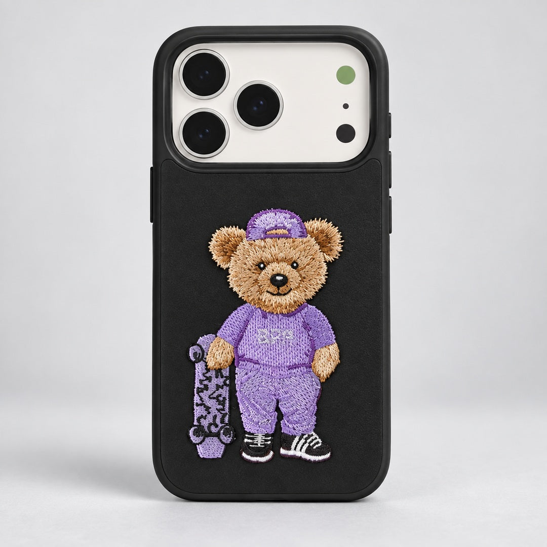 Black Case with Purple Bear Embroidery for iPhone 17 Pro