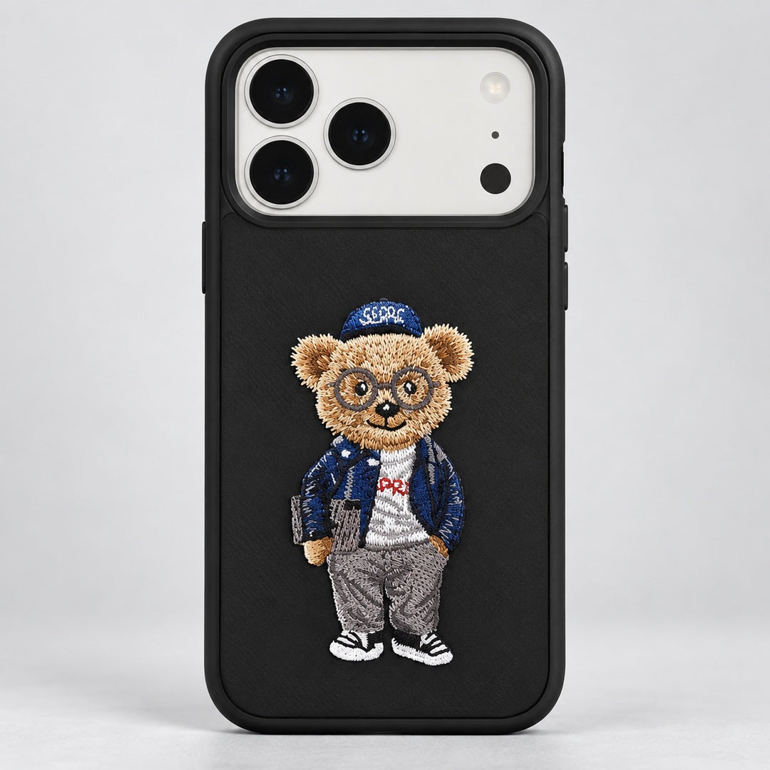 Black Case with Blue Bear Embroidery for iPhone 17 Pro Max