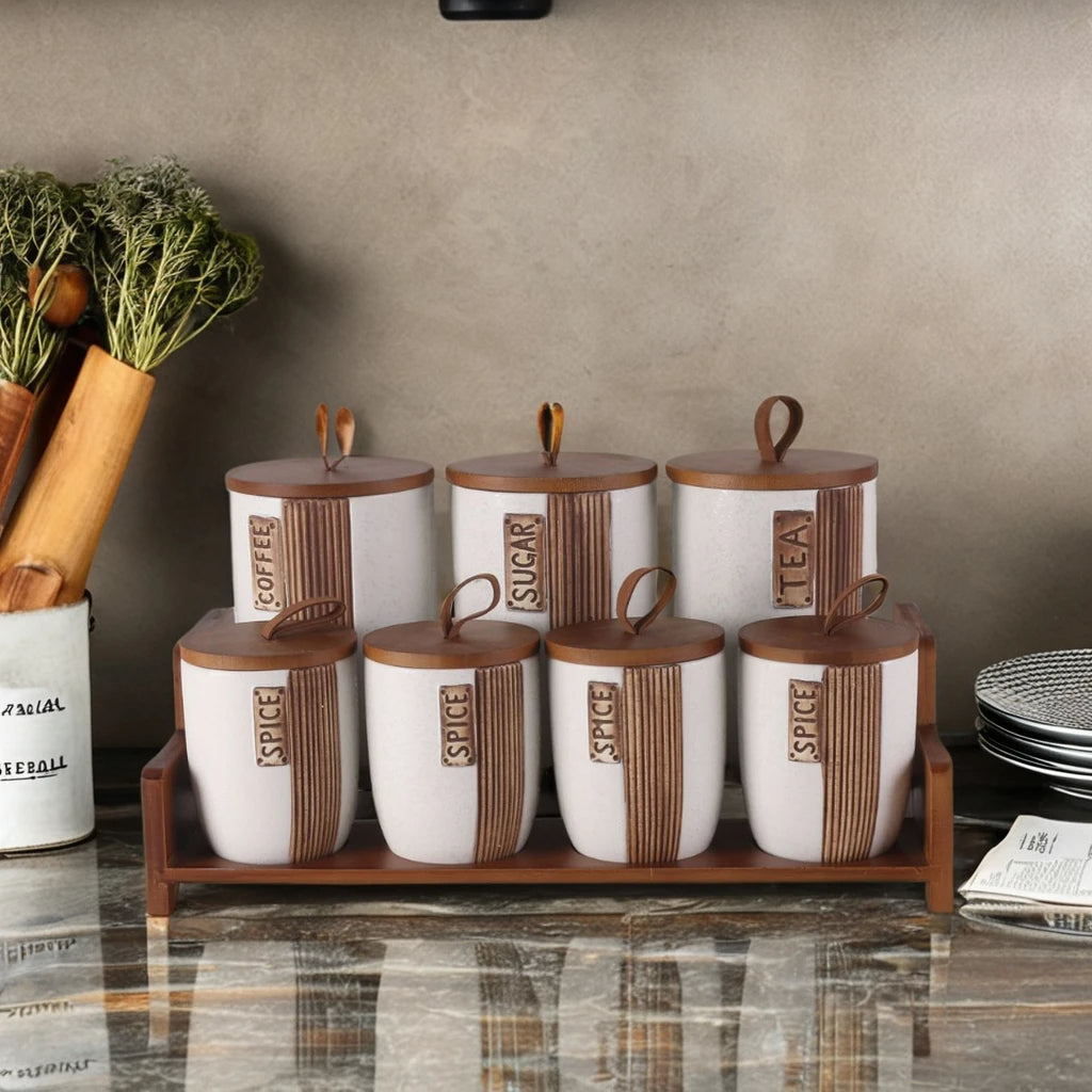 Ceramic Kitchen Storage Set With Wooden Lids - 7Pcs
