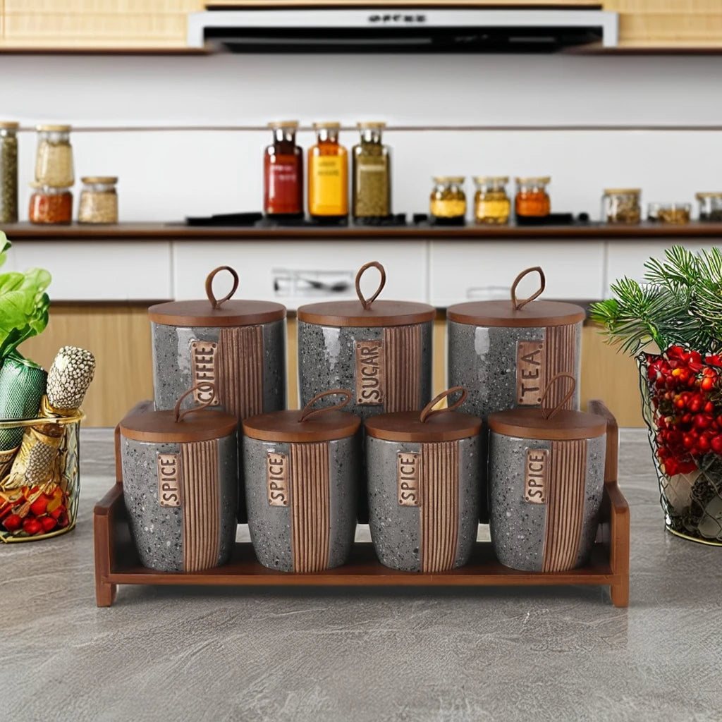 Ceramic Kitchen Storage Set With Wooden Lids - 7Pcs