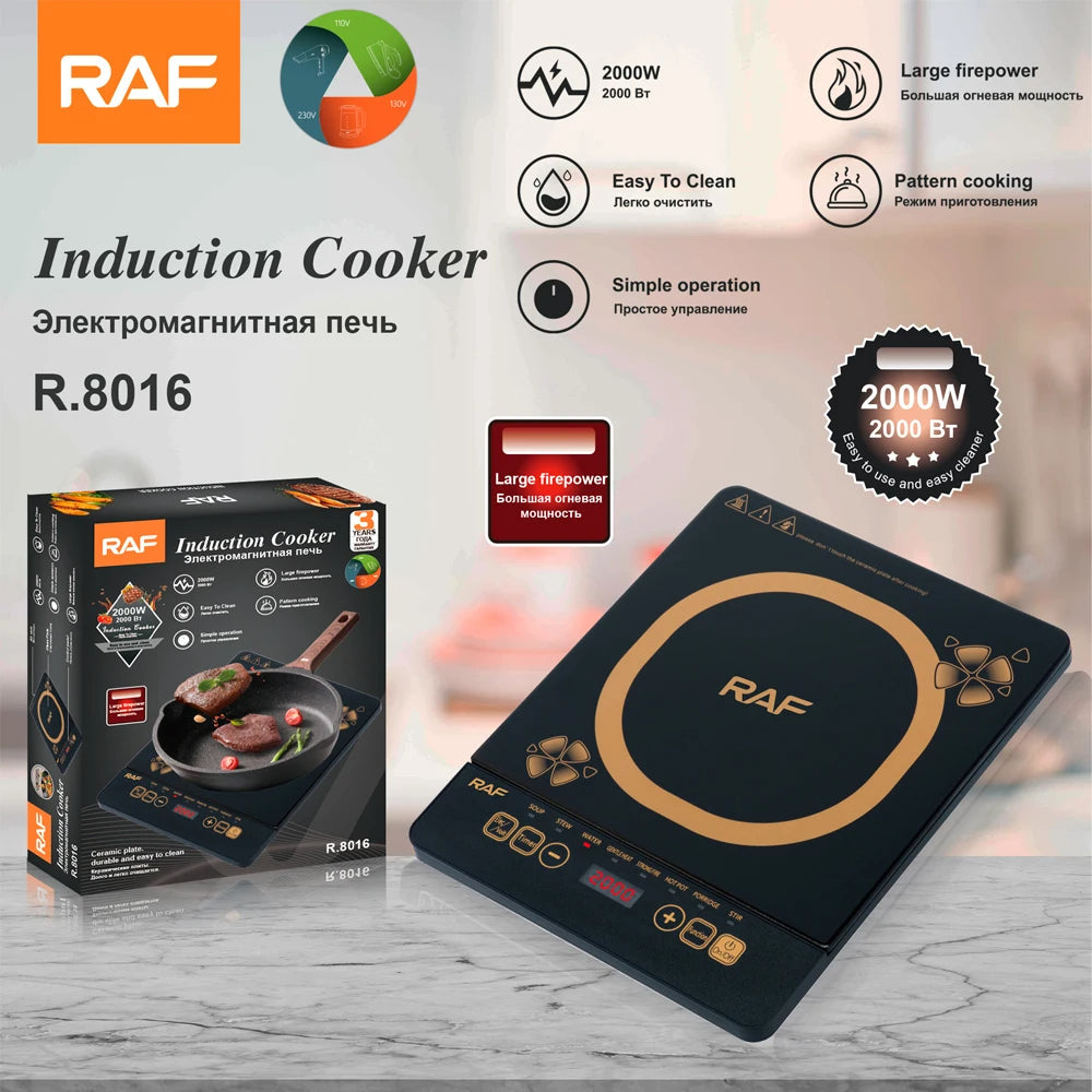 RAF 2000W Electric Induction Cooker – Single Burner with LED Display & Micro Crystal Plate