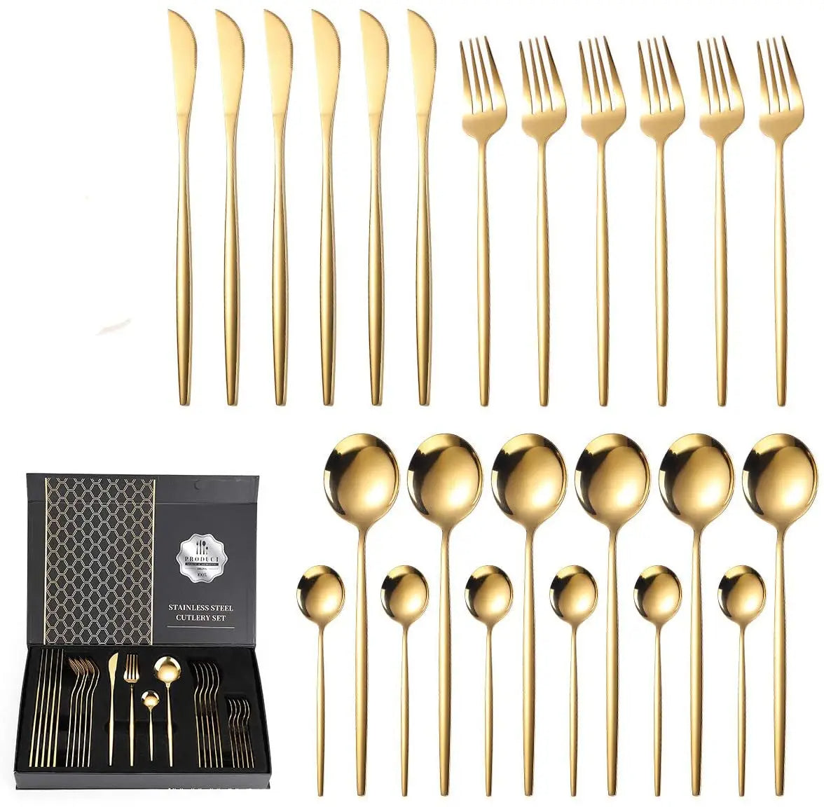 24 Pieces Gold-Plated Stainless Steel Flatware Set