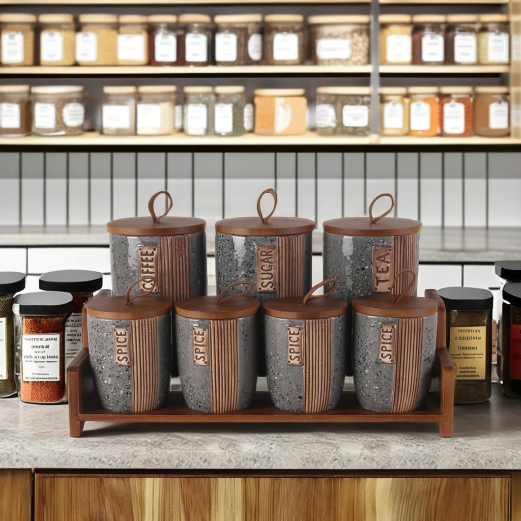 Ceramic Kitchen Storage Set With Wooden Lids - 7Pcs