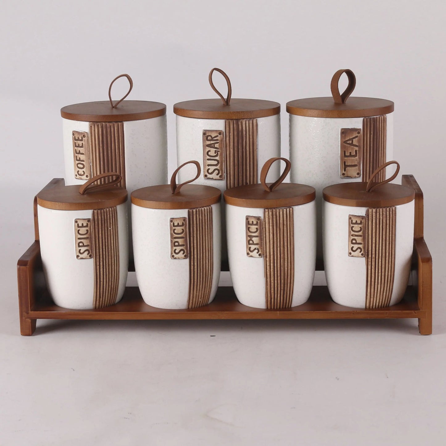 Ceramic Kitchen Storage Set With Wooden Lids - 7Pcs