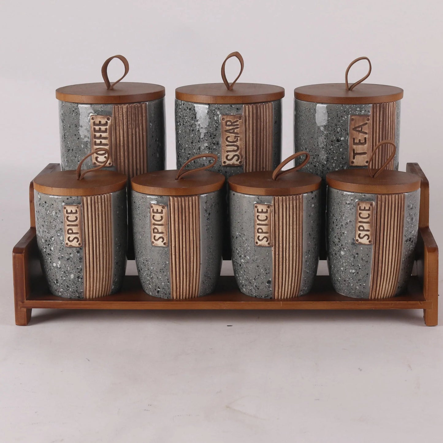Ceramic Kitchen Storage Set With Wooden Lids - 7Pcs