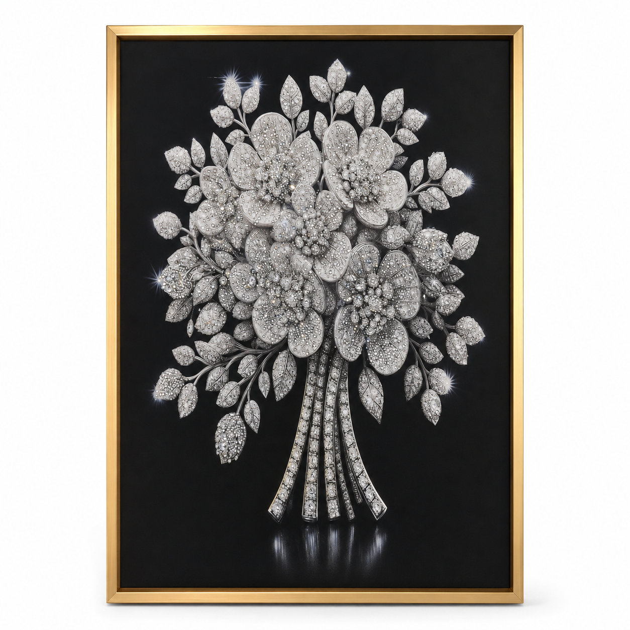 Framed Silver Crystal Floral Wall Art with Gold Frame