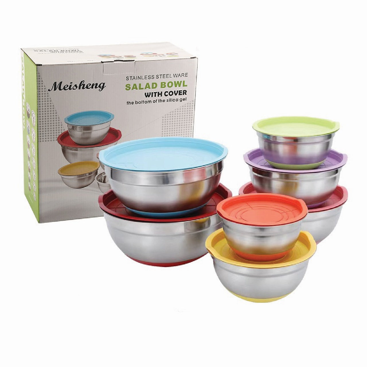 Stainless Steel Salad Bowl Set with Colored Lids – 7 Pcs