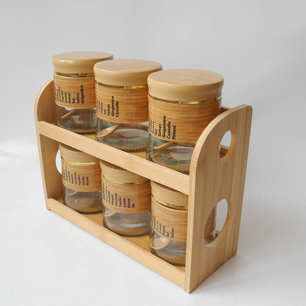 6-Piece Spice Jar Set with Bamboo Rack & Spoons – Kitchen Organizer