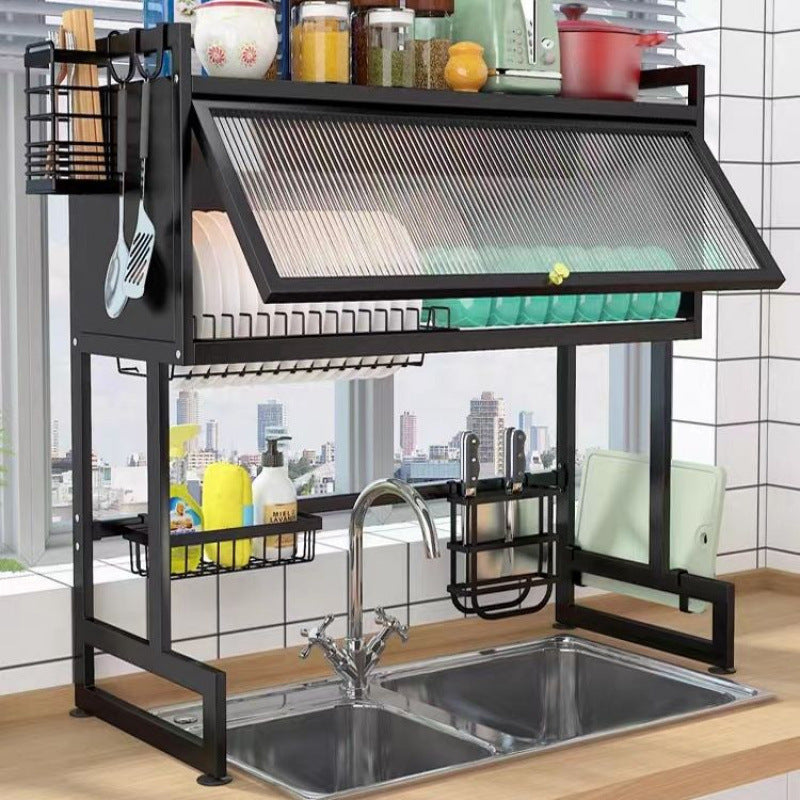 3-Tier Over Sink Dish Drying Rack – Multi-Layer Carbon Steel Kitchen Organizer with Cover