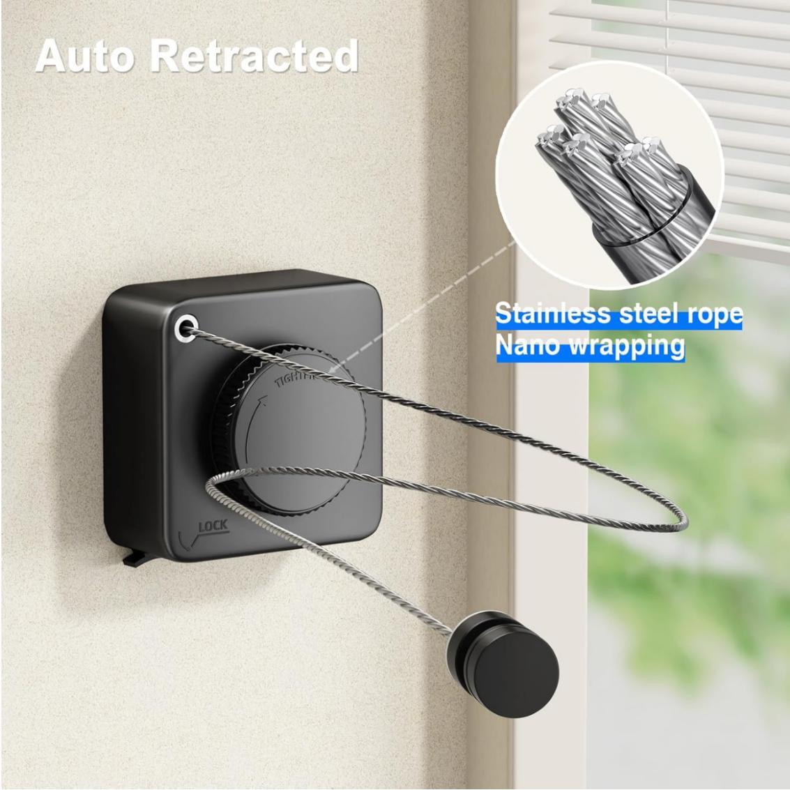 Heavy Duty Retractable Clothesline – 15.1ft Stainless Steel Wall Mounted Laundry Drying Line for Indoor & Outdoor Use