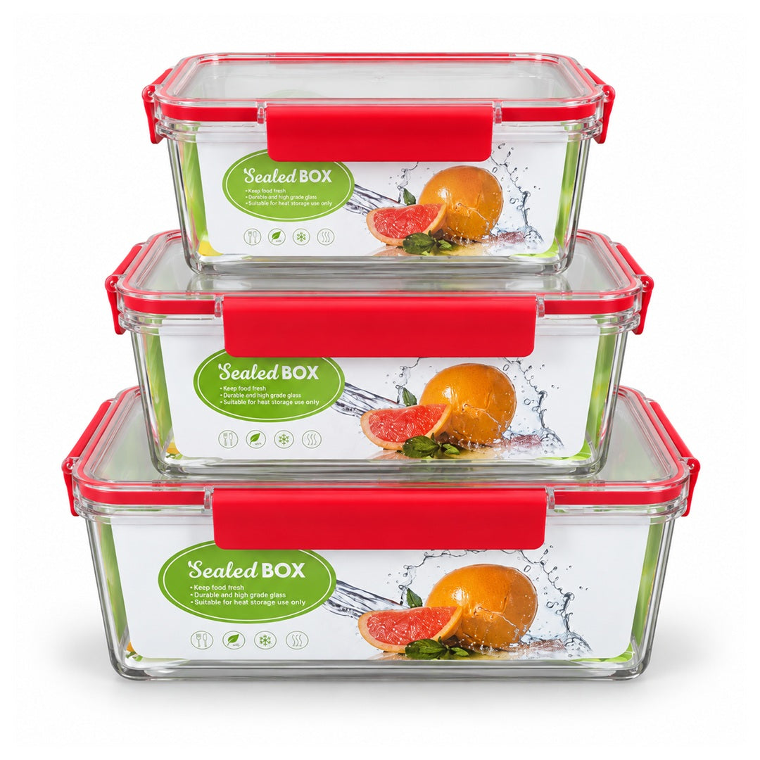 Rectangular Food Containers with Red Clips – 3-Piece Set