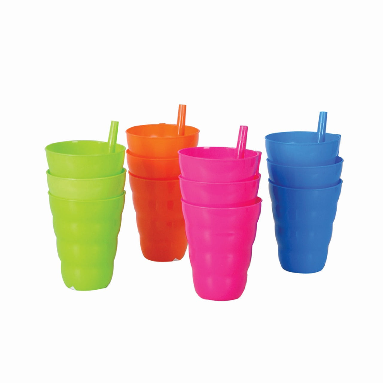 4-Piece Plastic Cup Set With Built-In Straw – One Color Per Set