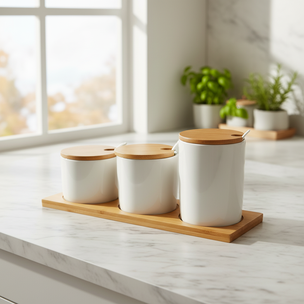 Ceramic Spice Jar Set with Bamboo Lids, Spoons & Tray – 4-Piece