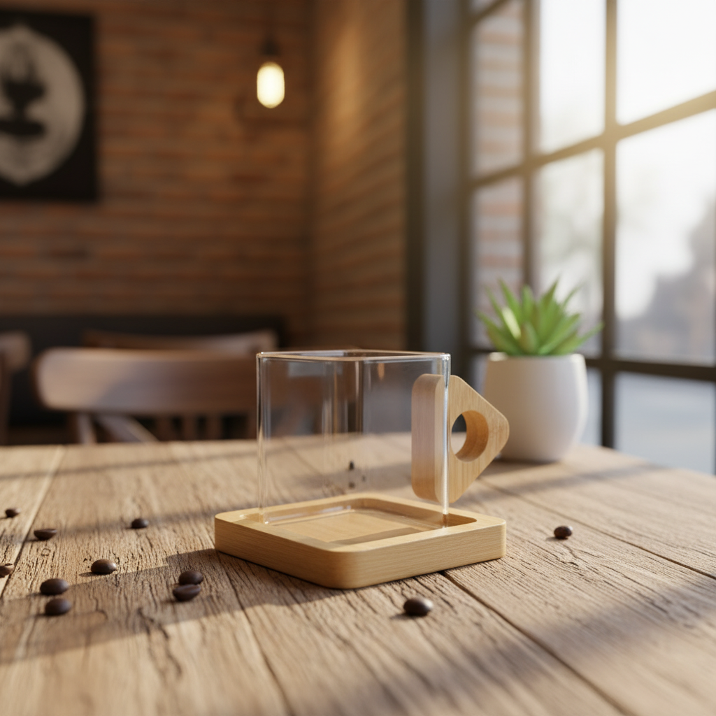 Square Glass Cup With Wooden Saucer – Elegant & Minimalist Design