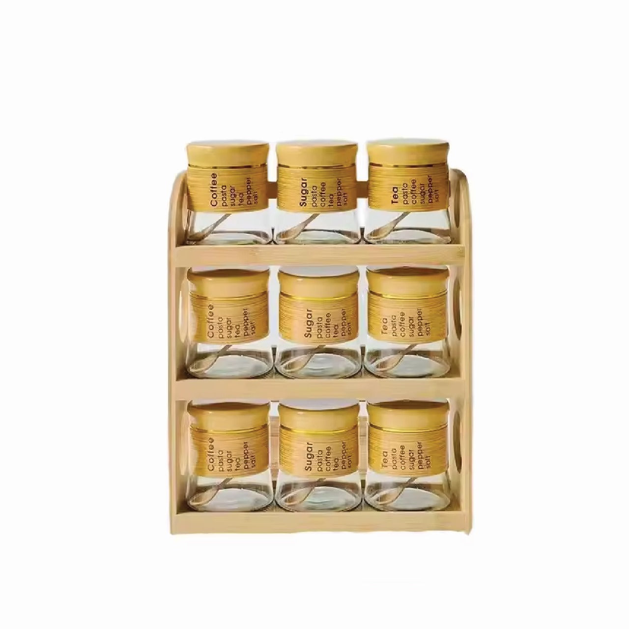 Wooden Rack Glass Jar Set – 9 Pieces With Lids & Spoons