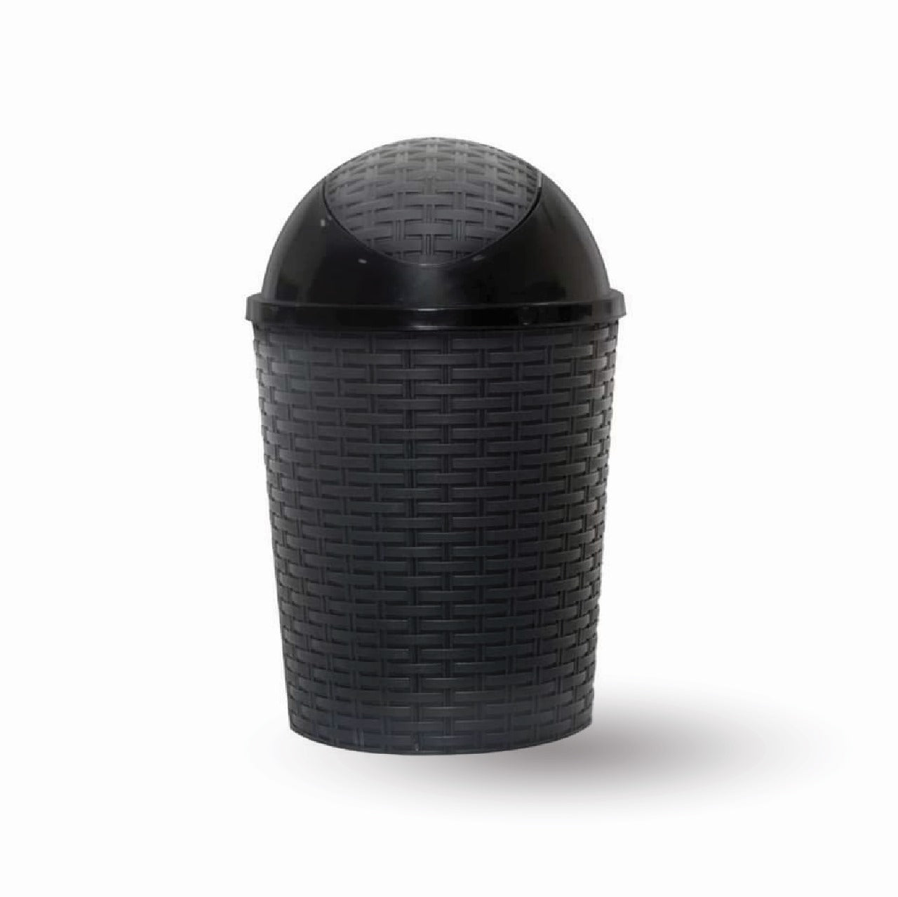 Black Swing Lid Trash Bin With Woven Texture