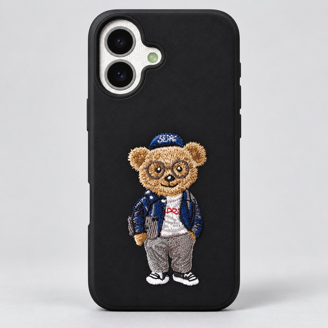 Black Embroidered Bear Case for iPhone 17
