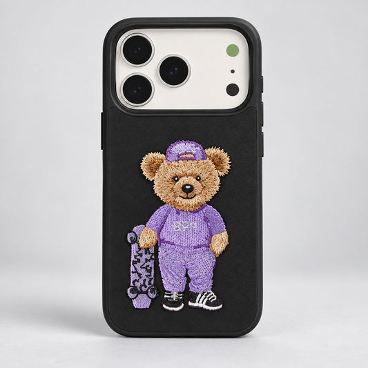 Black Case with Purple Bear Embroidery for iPhone 17 Pro