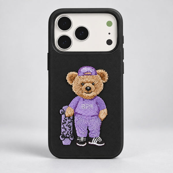 Black Case with Purple Bear Embroidery for iPhone 17 Pro