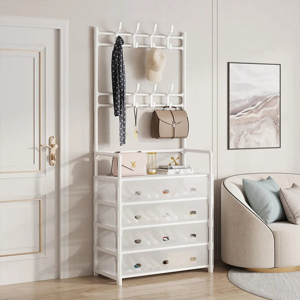5-Tier Shoe & Coat Rack with Dustproof Cover – Shoe Organizer with Hooks for Entryway & Closet