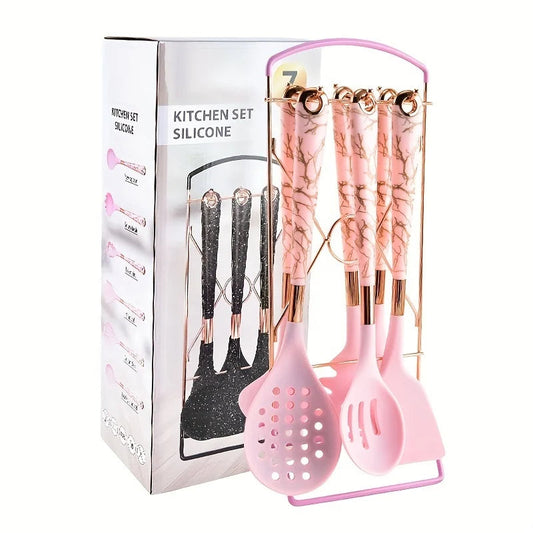 6-Piece Gold Silicone Cooking Utensil Set – Heat-Resistant with Storage Rack