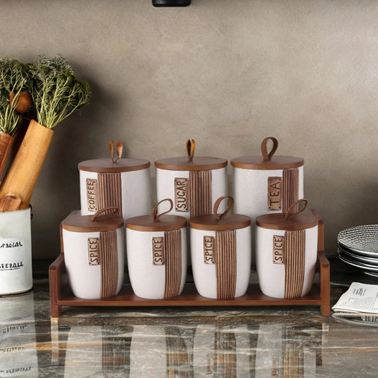 Ceramic Kitchen Storage Set With Wooden Lids - 7Pcs