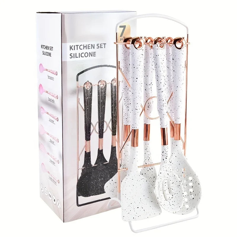 6-Piece Gold Silicone Cooking Utensil Set – Heat-Resistant with Storage Rack