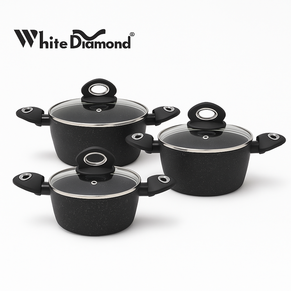 White Diamond Granite Coating Casserole Pot with Glass Lid – 24cm, 26cm, 28cm