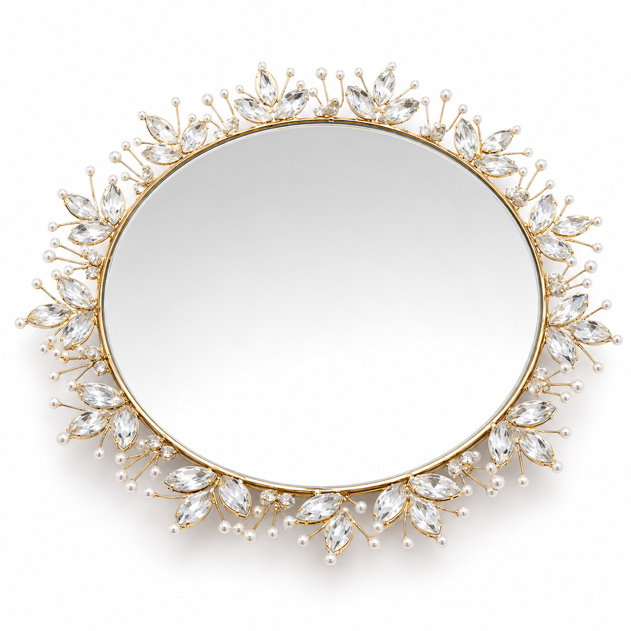 Round Decorative Mirrored Tray with Crystal & Pearl Design