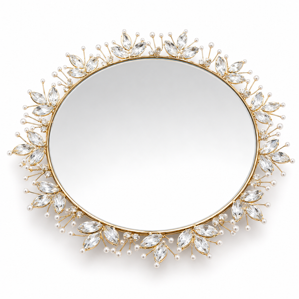 Round Decorative Mirrored Tray with Crystal & Pearl Design