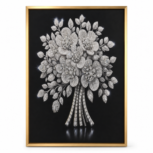 Framed Silver Crystal Floral Wall Art with Gold Frame