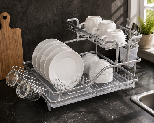 2-Tier Aluminum Dish Drying Rack with Cup & Utensil Holder