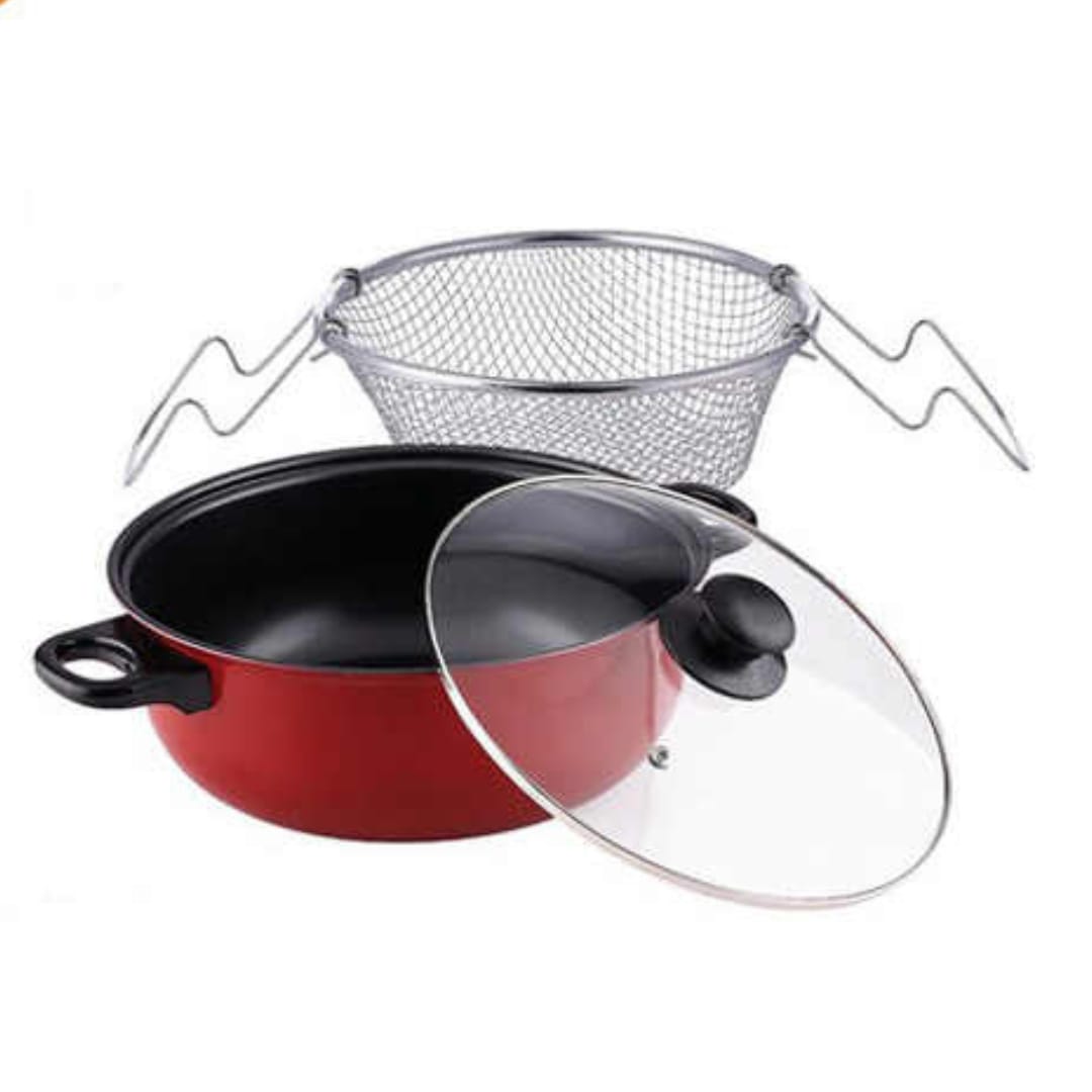 Red Non-Stick Fry Pot with Basket And Glass Lid