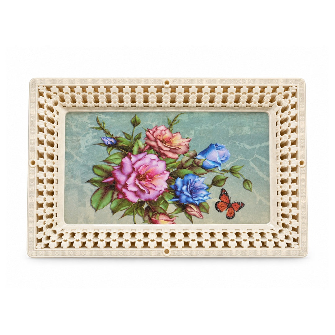 Floral Serving Tray with Cream Lace-Style Border