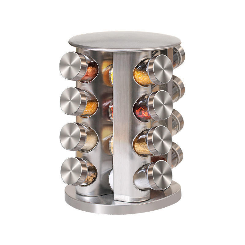 360° Rotating Spice Rack with 16 Glass Jars – Stainless Steel Kitchen ...