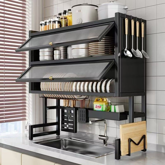 Dual-Layer Kitchen Sink Organizer – Modern Dustproof Drainage Rack & Dish Storage Cabinet