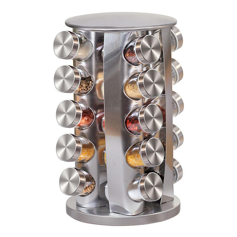 360° Rotating Spice Rack with 16 Glass Jars – Stainless Steel Kitchen Organizer