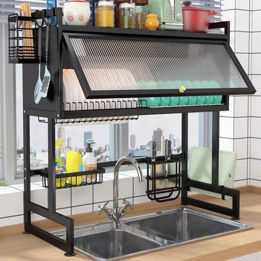 3-Tier Over Sink Dish Drying Rack – Multi-Layer Carbon Steel Kitchen Organizer with Cover
