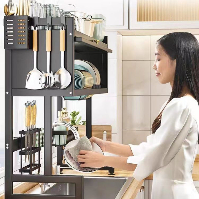 3-Tier Over Sink Dish Drying Rack – Multi-Layer Carbon Steel Kitchen Organizer with Cover