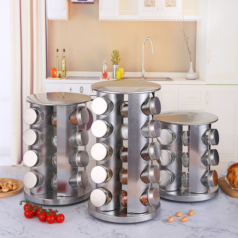 360° Rotating Spice Rack with 16 Glass Jars – Stainless Steel Kitchen Organizer