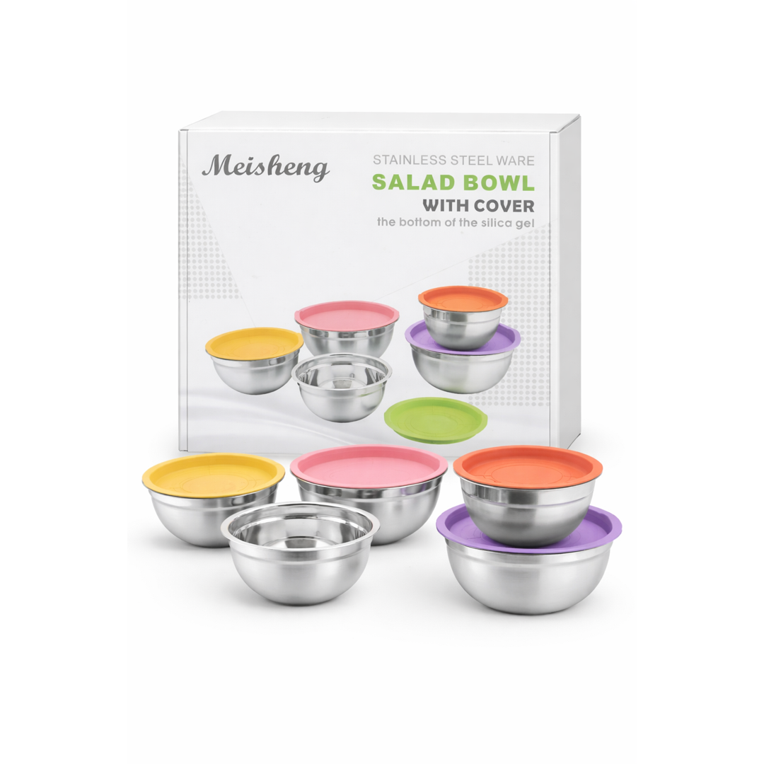 Stainless Steel Salad Bowl Set with Colored Lids – 5 Pcs