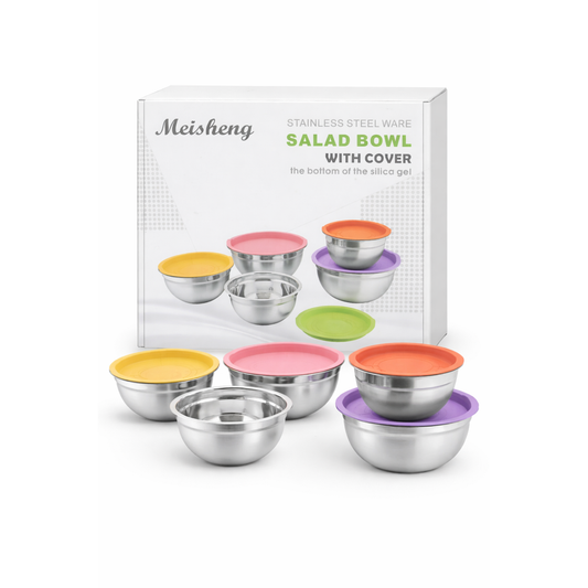 Stainless Steel Salad Bowl Set with Colored Lids – 5 Pcs