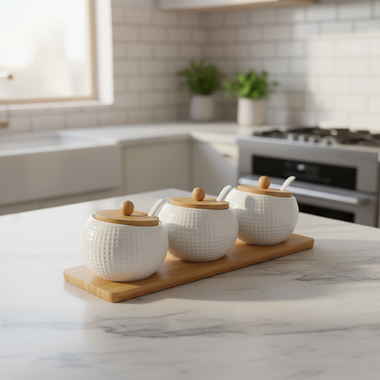 3-Piece Rounded Textured Ceramic Spice Jar Set with Bamboo Lids, Spoons & Tray