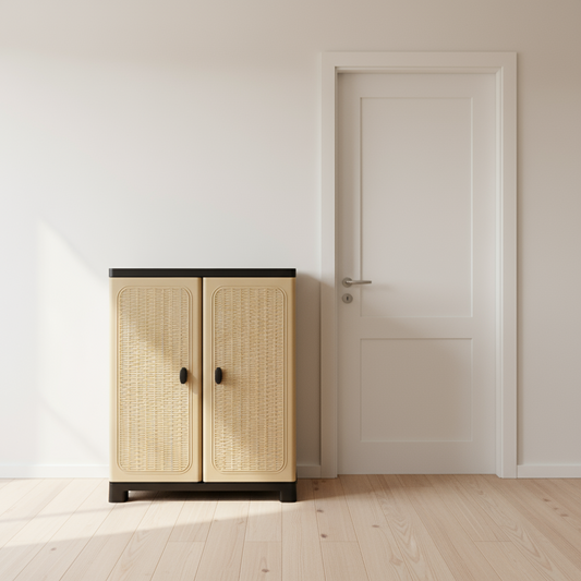 Rattan-Style Plastic Storage Cabinet With Double Doors – Beige & Black