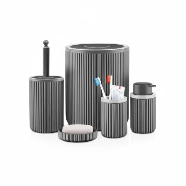 Luxury Ribbed Bathroom Accessory Set (5-Piece) – Modern Charcoal Finish