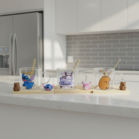 3-Piece Cartoon Glass Mug Set With Wooden Spoons & Trays