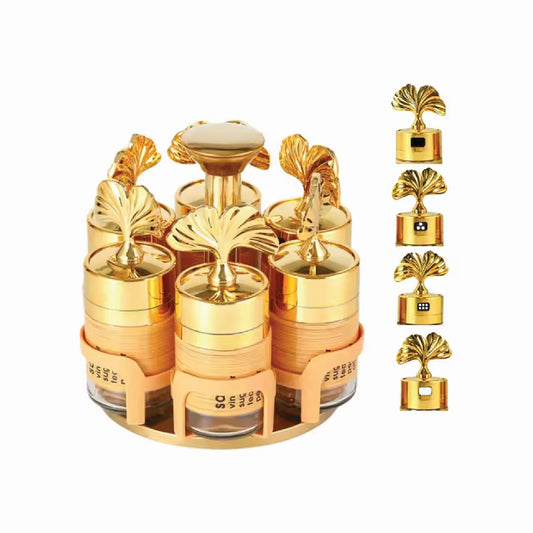 Luxury Gold Spice Jar Set With Rotating Rack – 8 Pieces