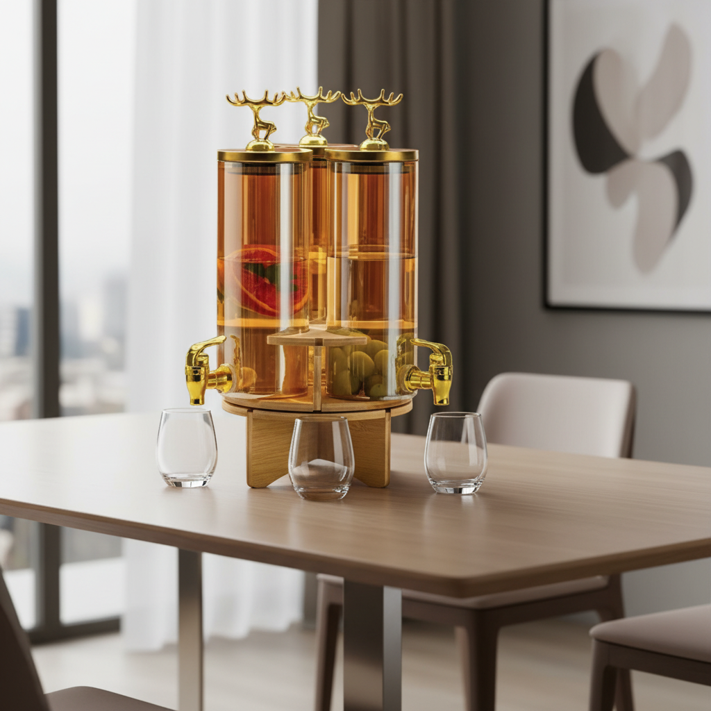 3-Tank Glass Juice Dispenser With Golden Taps And Rotating Base