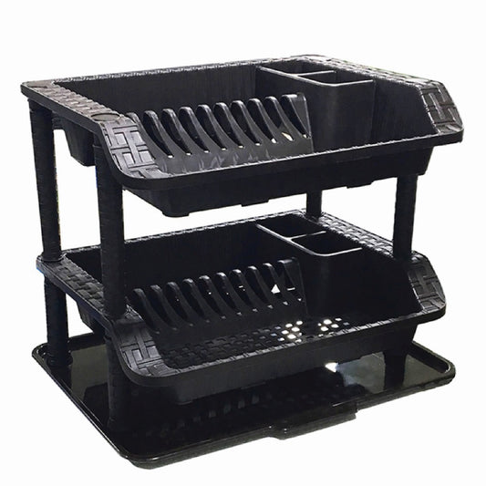 2-Tier Plastic Dish Rack With Utensil Holder & Drip Tray