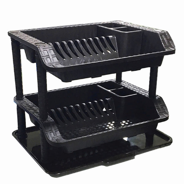 2-Tier Plastic Dish Rack With Utensil Holder & Drip Tray